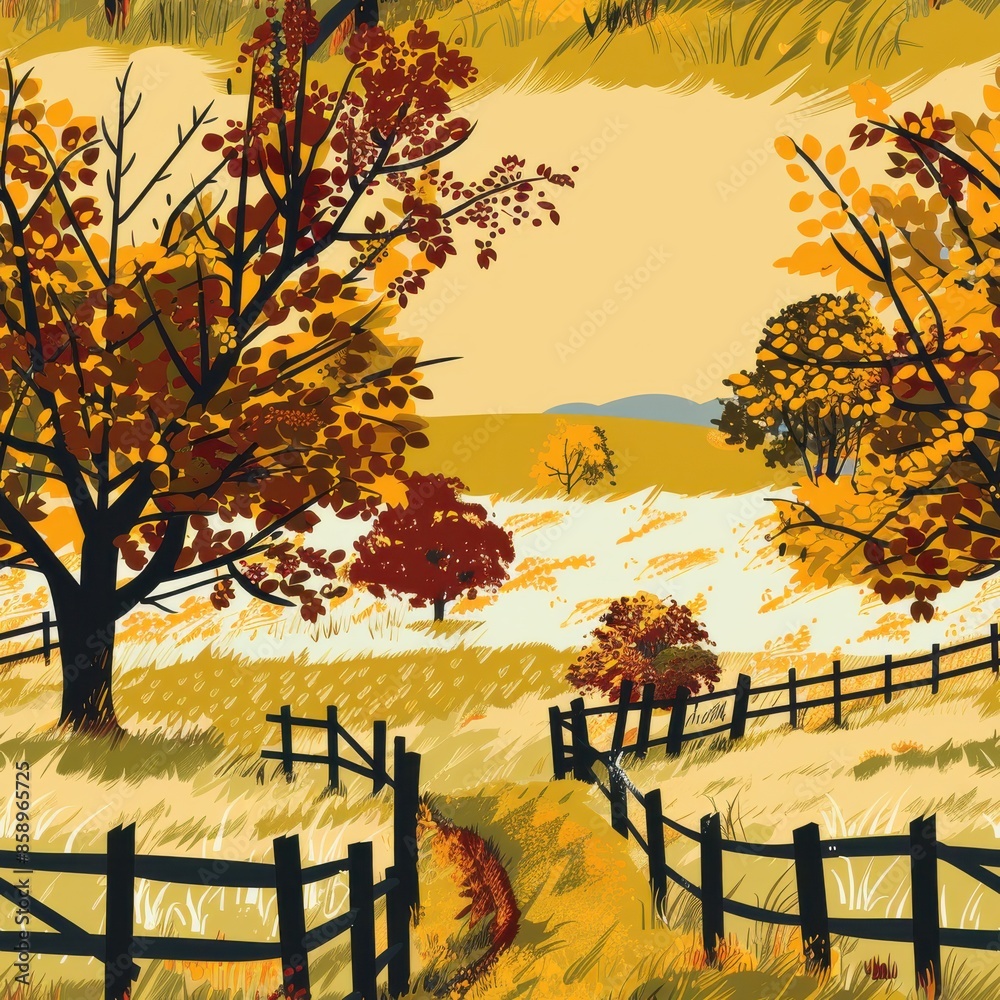 Poster a painting of a field with trees and a fence. the mood of the painting is peaceful and serene