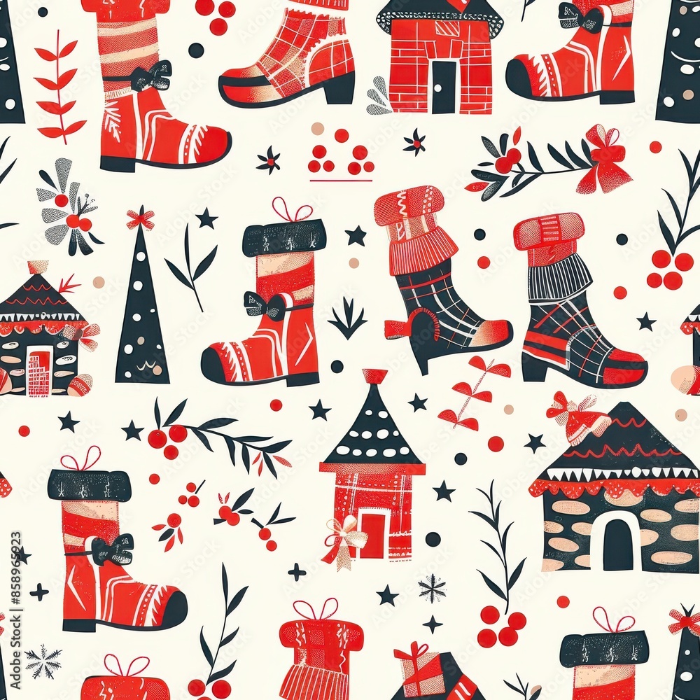 Aufkleber A pattern of red and black shoes and houses with a Christmas tree in the background. The shoes are in various sizes and styles, and the houses are in different shapes and sizes