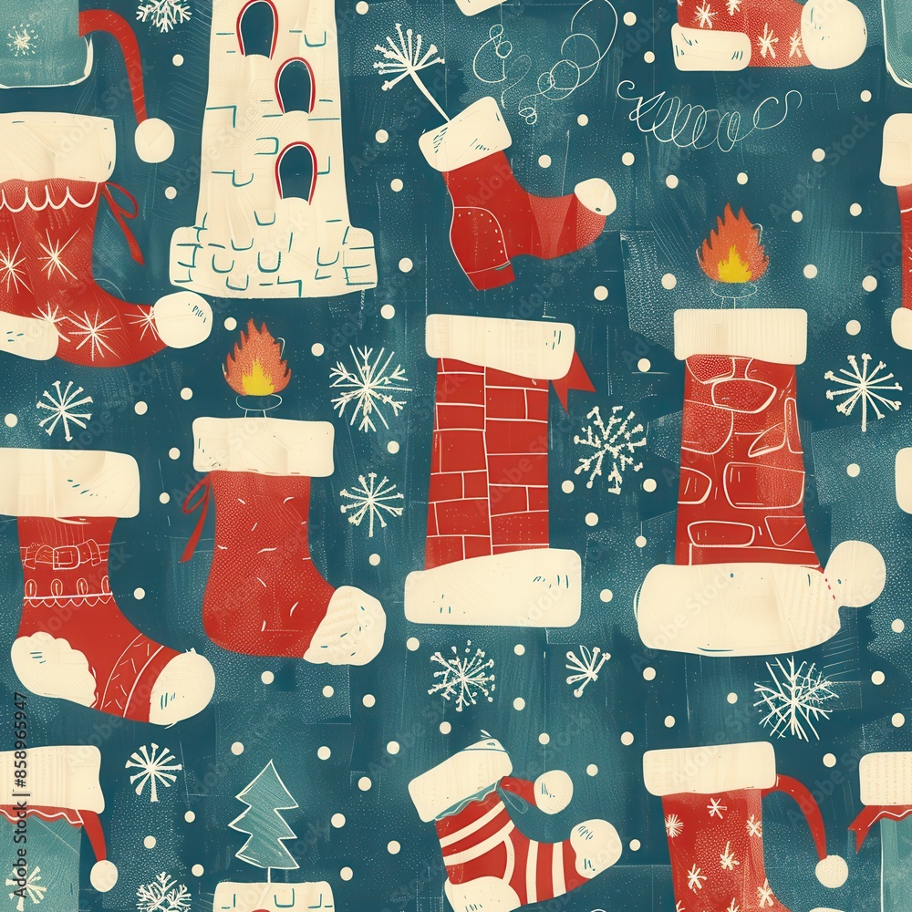 Aufkleber a blue and white christmas pattern with red and white stockings and red and white hats. the pattern 