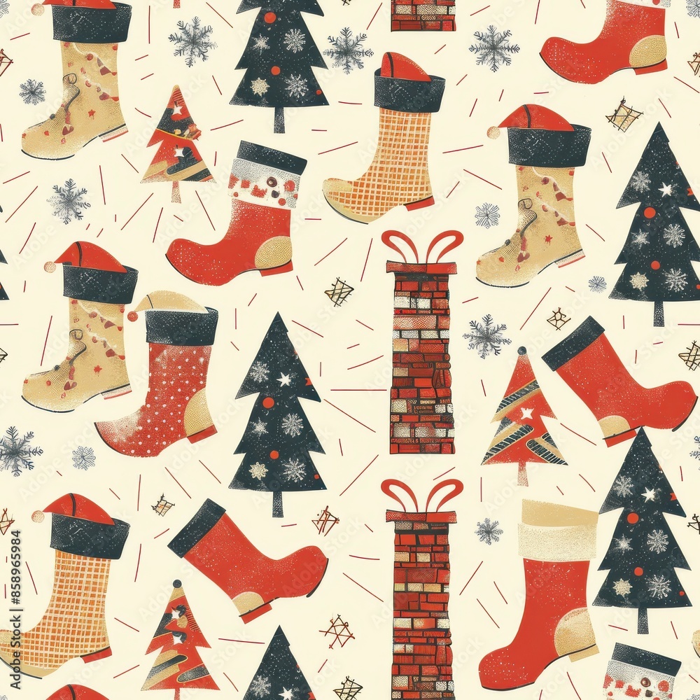 Poster a pattern of red and white shoes and trees with a brick chimney. the shoes are all different sizes a
