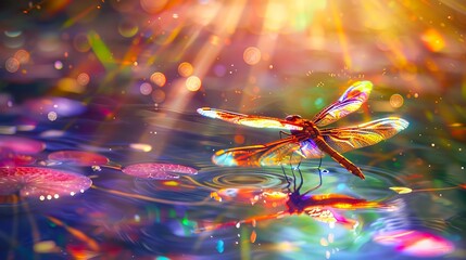 Dragonfly in the water with sun rays.