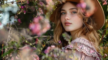 Fototapeta premium A woman wearing a brown hat and a pink dress is standing in a field of flowers