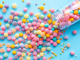 Fototapeta premium Top view of pastel candies spilling out of a bottle, colorful confectionery in chaos, sugarplums scattered, creating a sweet mess