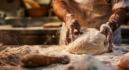 baker passionately kneading dough on a flour-dusted countertop, meticulous and artisanal, in the style of mastery, with warm and inviting tones, close-up shot, stock photo