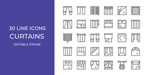 Curtains icon set vector illustration stroke editable. windows, draperies and more