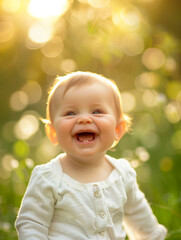 smiling baby, in the style of depth of field, soft-focus, in the style of joyful celebration of nature, macro zoom, in the style of high-key lighting, clean-lined, emotive faces