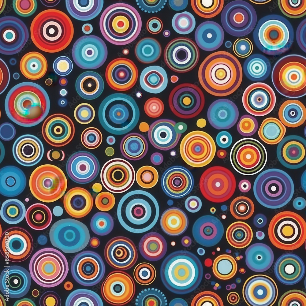 Poster This image features a seamless pattern of colorful concentric circles on a black background. The circles are of varying sizes and colors, creating a visually stimulating and dynamic design. The patter