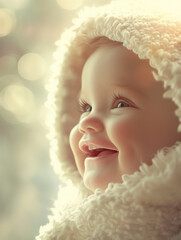 smiling baby, in the style of depth of field, soft-focus, in the style of joyful celebration of nature, macro zoom, in the style of high-key lighting, clean-lined, emotive faces