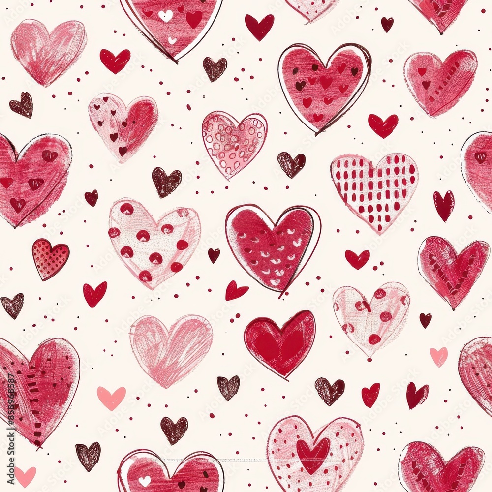 Fototapete This image features a seamless pattern of hand-drawn hearts in various shades of red and pink on a white background. The hearts are different sizes and have various textures and patterns, creating a p