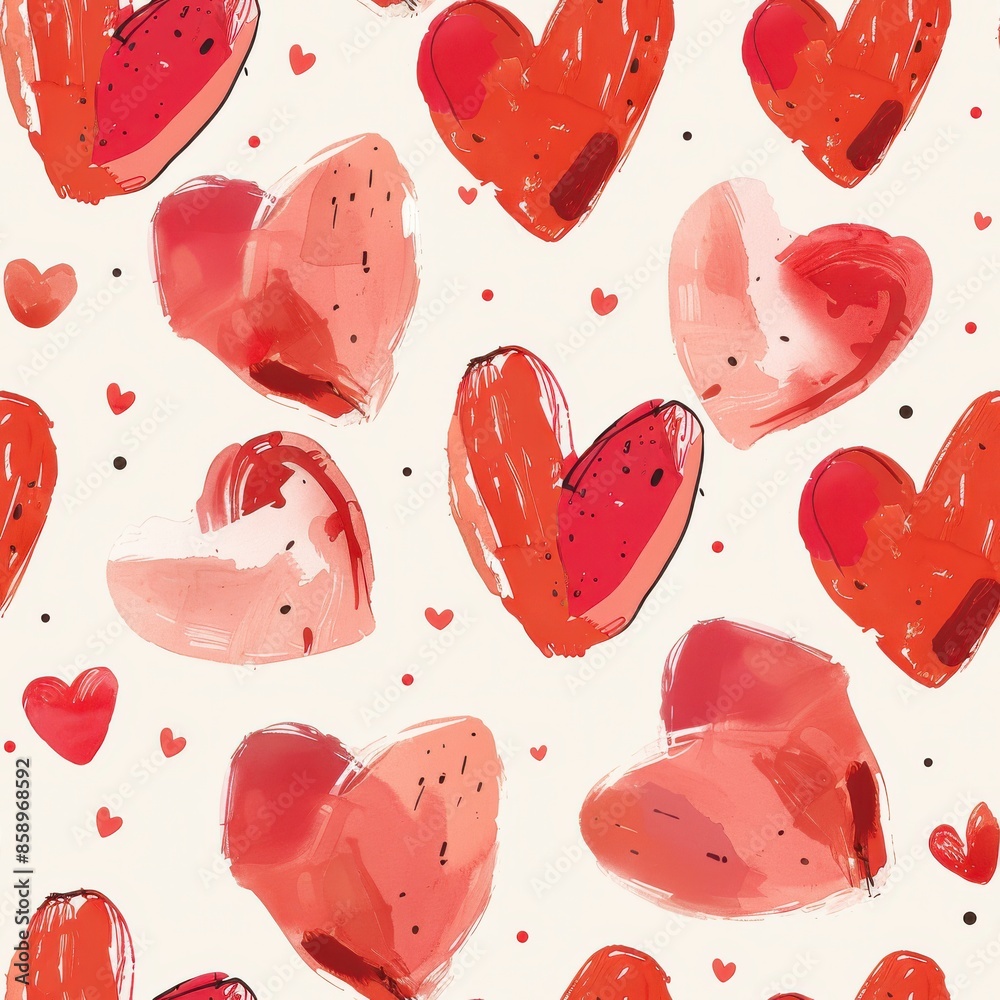 Poster This image is a seamless pattern of watercolor painted red hearts on a white background. The hearts are of varying sizes and shapes, with some having a more defined outline than others. The overall ef
