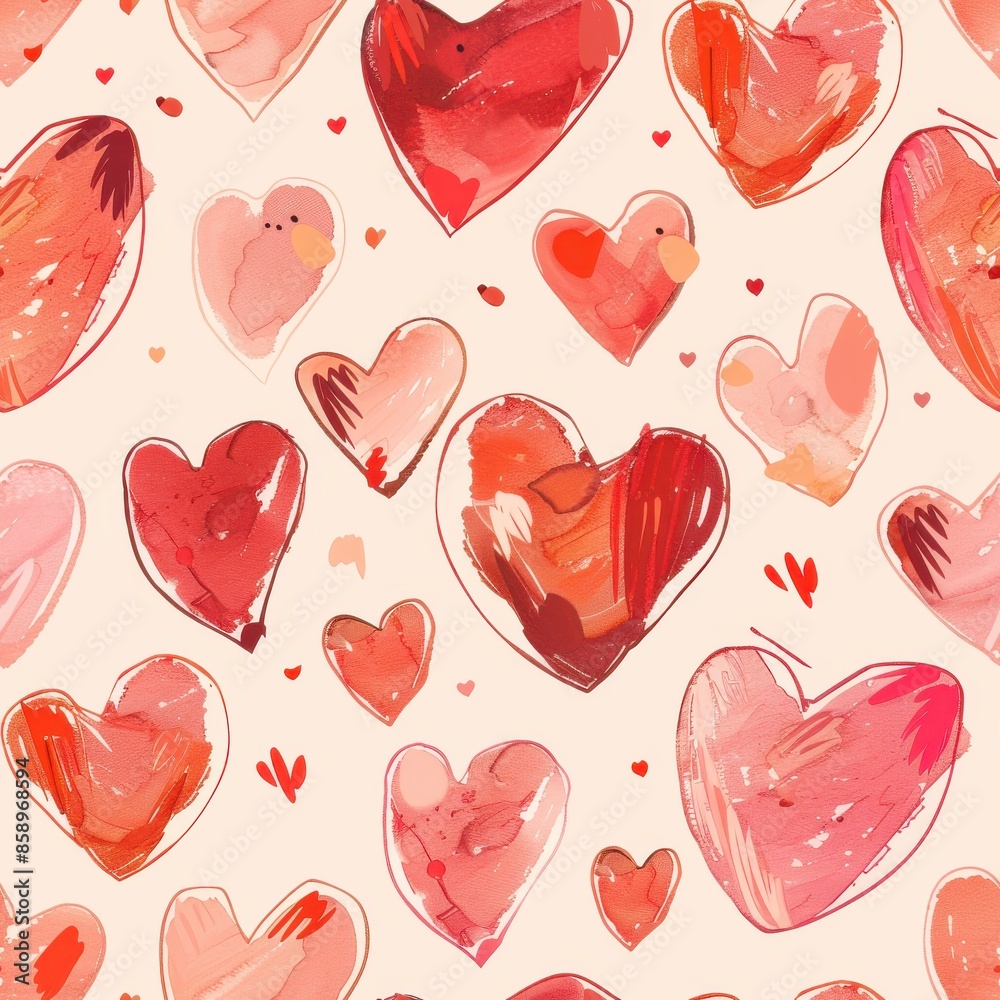 Poster A seamless pattern background featuring hand drawn watercolor red hearts in various shades and sizes. The background is a light cream color, creating a simple and elegant design. The hearts are painte