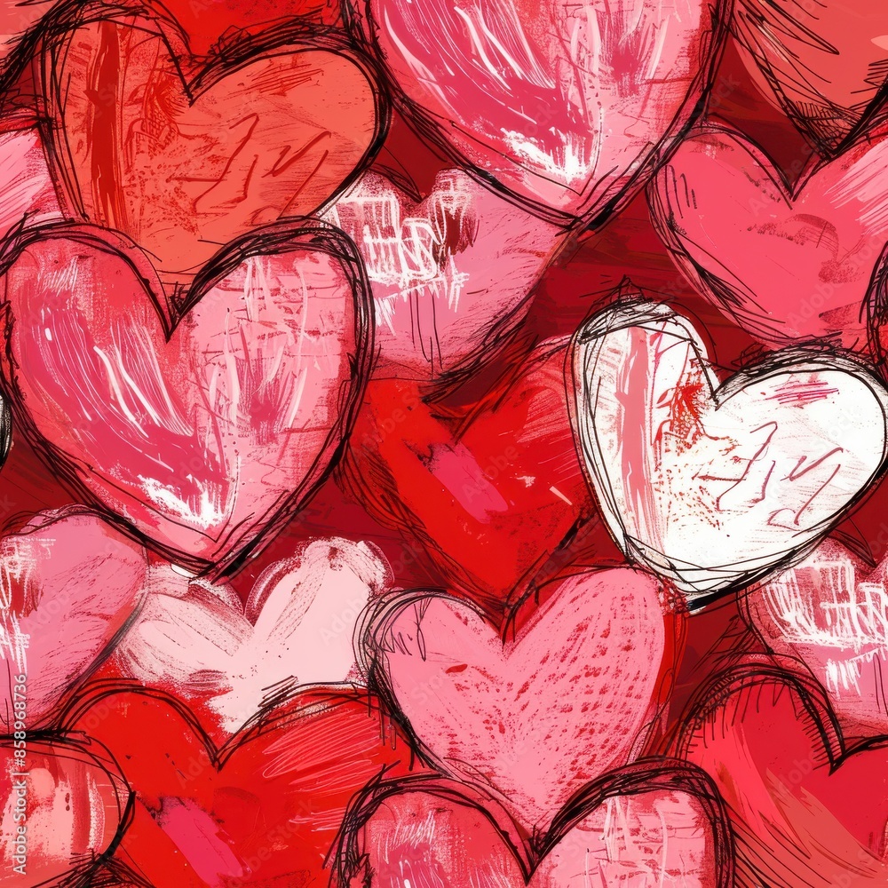 Aufkleber This digital illustration features a seamless pattern of abstract hearts in shades of red and pink. The hearts are painted with a brushstroke effect and appear to overlap and intertwine, creating a dy