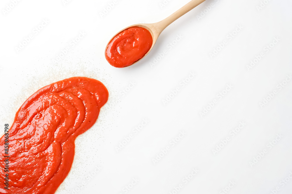 Poster Red Sauce Spilled From Wooden Spoon on White Background