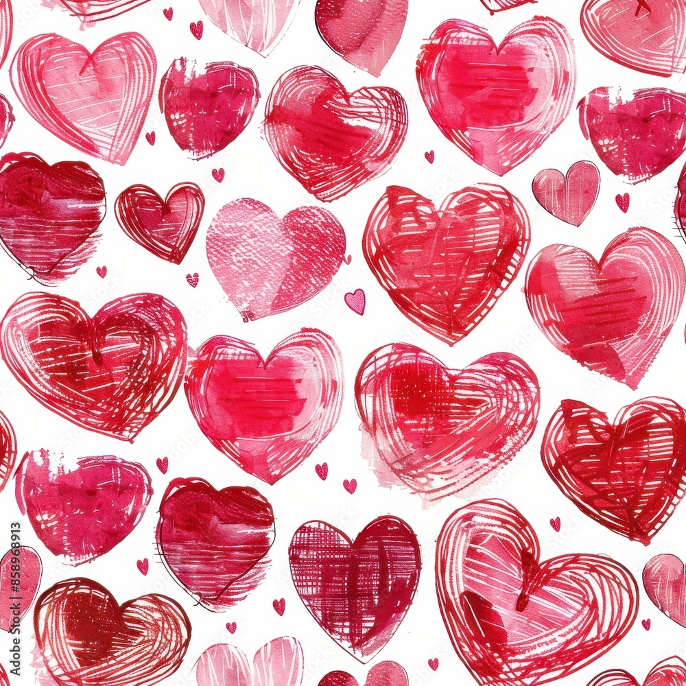 Aufkleber this image showcases a seamless pattern of hand-drawn hearts in various shades of red and pink, rend
