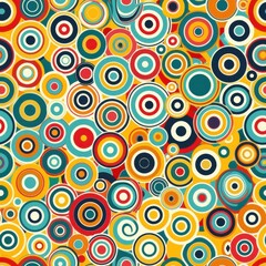 This image showcases a vibrant and playful pattern of overlapping circles in various colors, including red, blue, yellow, green, and white. The circles are layered and interlocked, creating a dynamic 