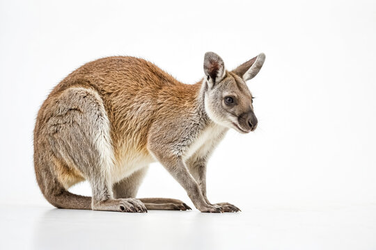 Adorable brown and grey wallaby sitting on a white background