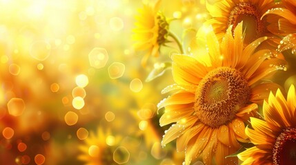 Close Up of Sunflowers with Dew Drops