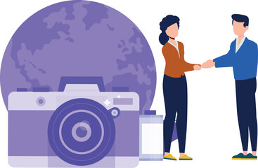 A boy and a girl are talking about a global picture.