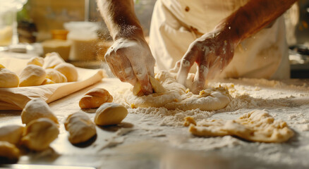 baker passionately kneading dough on a flour-dusted countertop, meticulous and artisanal, in the style of mastery, with warm and inviting tones, close-up shot, stock photo