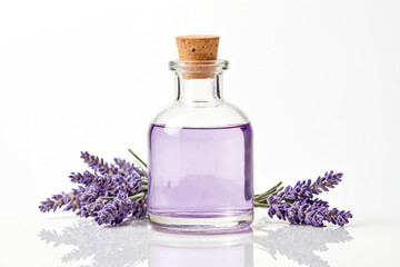 Lavender Essential Oil in Glass Bottle with Flowers