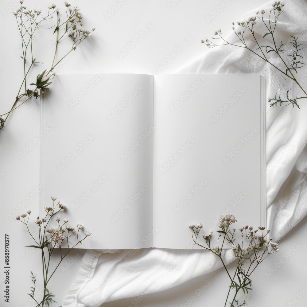 Poster a white open book with a white background and flowers on it