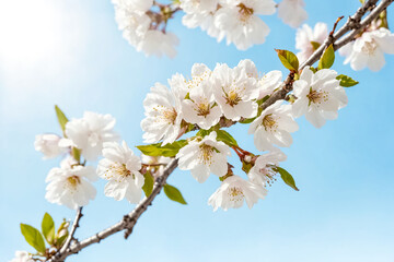 Obraz premium White Cherry Blossoms on a Blue Sky Background