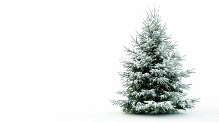 A single evergreen tree stands tall in a snowy landscape. The branches are covered in fresh snow, creating a beautiful winter scene. The white background highlights the trees green needles and the int