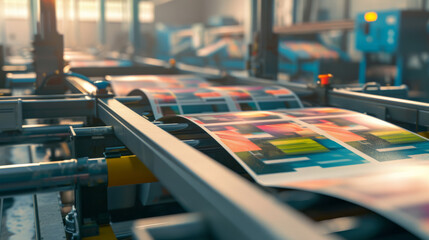 Obraz premium Industrial printing presses in action, rolling out vibrant sheets under the warm glow of factory lights, capturing the pulse of modern production.