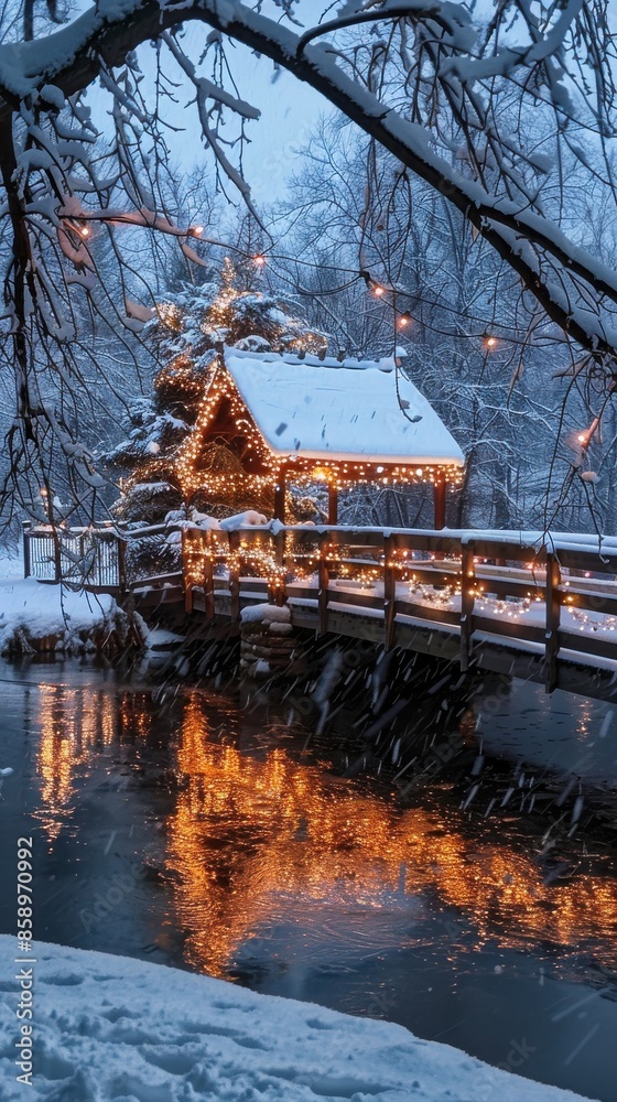 Poster a snow-covered wooden bridge spans a calm creek. a small gazebo with a white roof is adorned with st