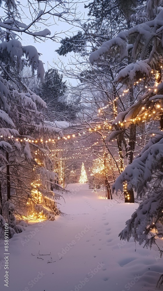 Poster a snowy path winds through a forest, illuminated by christmas lights strung between bare trees. the 