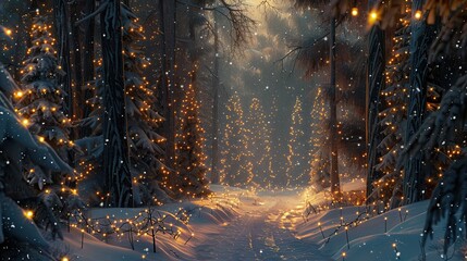A snowy forest path winds through a dense grove of trees, illuminated by warm, twinkling lights strung along the branches. The soft glow of the lights creates a magical ambiance, while the falling sno