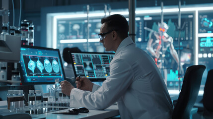 A scientist deeply focused in a high-tech laboratory, analyzing brain scans and other medical data on multiple digital screens.