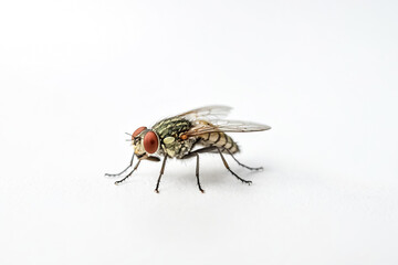 Close-up of a fly on a white background