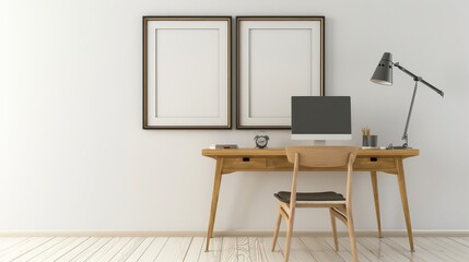 3D render of living Interior room mockup blank poster.