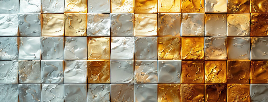 Matt gold and white metallic abstract luxury geometric mosaic title texture pattern square grid material map for 3D modelling  