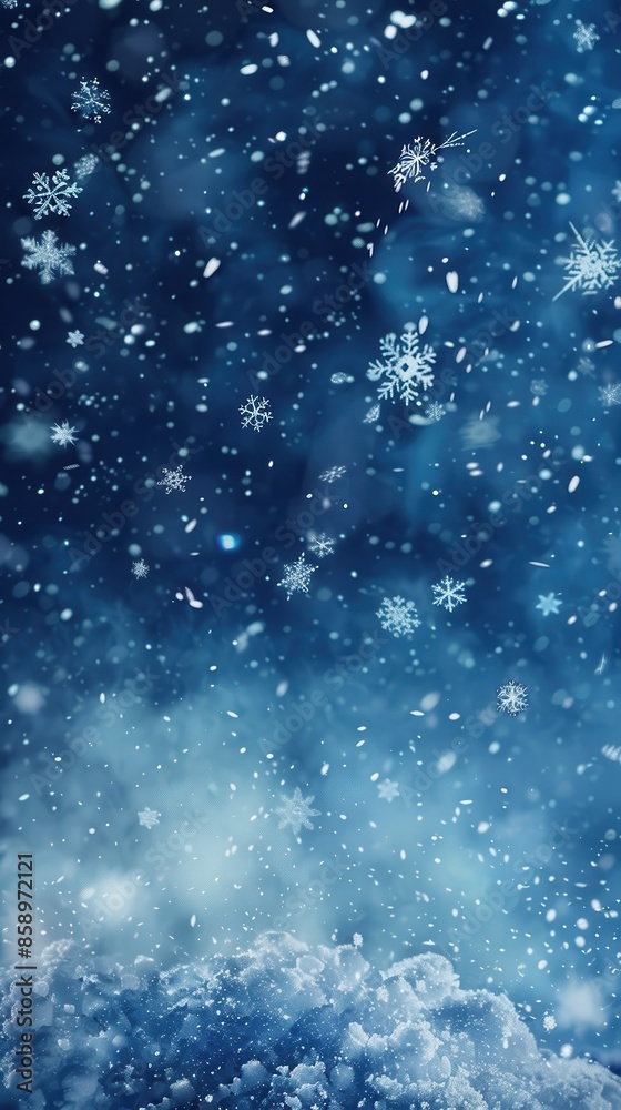 Poster a vertical image of a snowy landscape with a blue sky and snowflakes falling. the ground is covered 