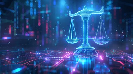 Futuristic justice scale on a neon blue background, representing digital law, data protection, and cybersecurity, modern legal symbols subtly integrated