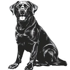 A black and white drawing of a labrador retriever dog