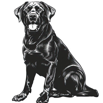 A black and white drawing of a labrador retriever dog