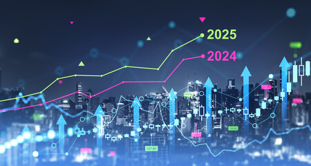 Bangkok skyline and growing arrows with forex graph diagrams and years