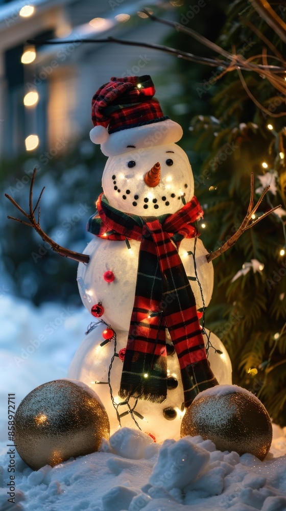 Poster A snowman with a red and black plaid scarf stands in the snow with lights strung around its body. The snowman is illuminated by the warm glow of string lights, creating a festive atmosphere. The snowm
