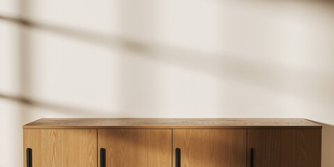 Beige home living room interior with drawer and empty space. Mockup wall © ImageFlow