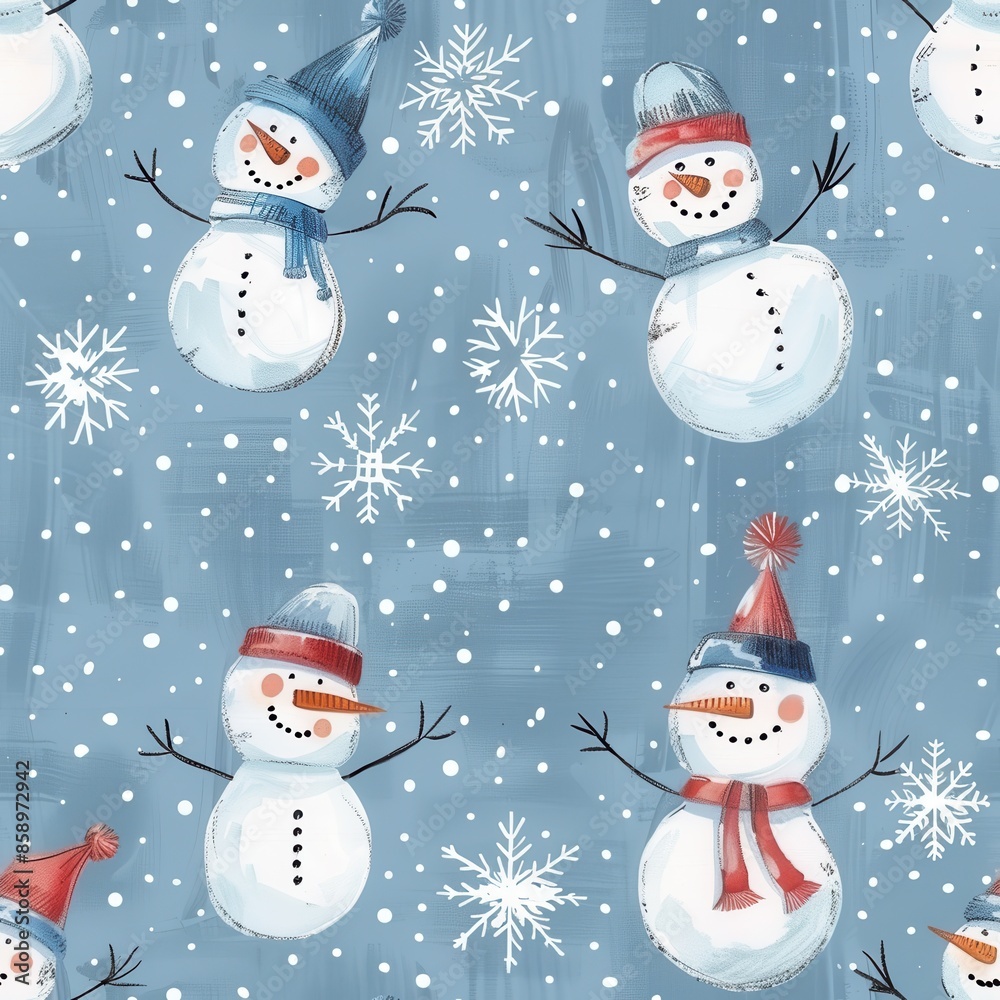 Poster this digital illustration features a repeating pattern of cheerful snowmen on a blue background. the