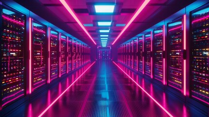 Data center interior, illuminated server racks with colorful LED lights, sharp details, and a futuristic digital cyberspace feel