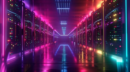 Fototapeta premium Data center interior, illuminated server racks with colorful LED lights, sharp details, and a futuristic digital cyberspace feel