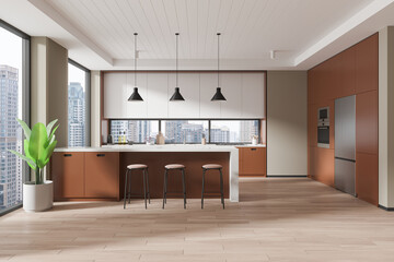 Modern kitchen interior with large windows showing a cityscape, minimalistic design with black pendant lights, on a well-lit background. Concept of contemporary living. 3D Rendering