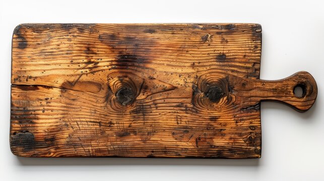 Isolated top view of a rustic wooden cutting board against a white background, great for culinary and kitchen-related designs and presentations