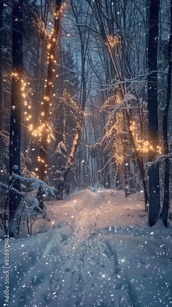Aufkleber A snowy forest path is illuminated by strings of warm, white lights strung on trees. The path is covered in fresh, white snow, and the trees are bare and frosted with snow. The image is a serene and m