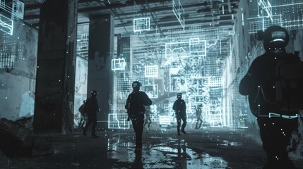 A group of urban explorers rely on augmented navigation to safely navigate through an abandoned building with realtime mapping and hazard detection powered by 5G.