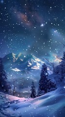 Fototapeta premium The image showcases a snow-covered mountain landscape illuminated by a vibrant starry night sky. The foreground features a rolling snowdrift with a few scattered trees, while the background features m